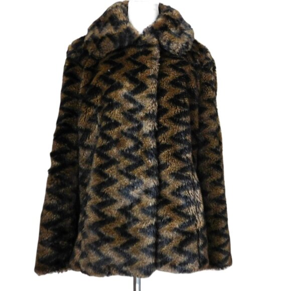 Size M  Faux Fur  Black Brown Chevon Hip Length Coat Size S Tribal Women's - Picture 1 of 8